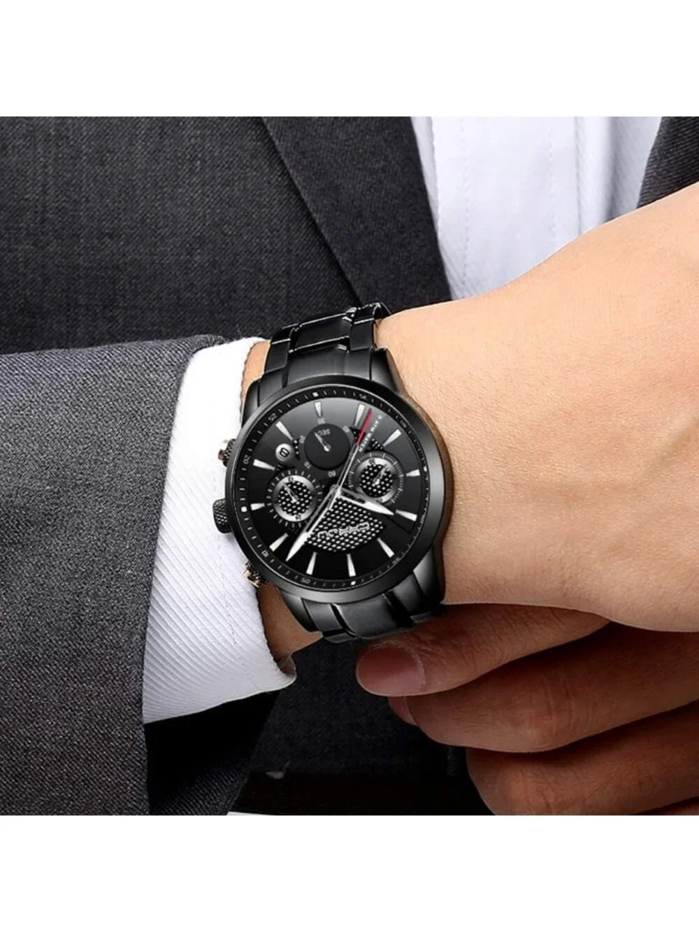 Men's Black Skeleton Luminous Casual Chronograph Quartz Waterproof Wrist Watch